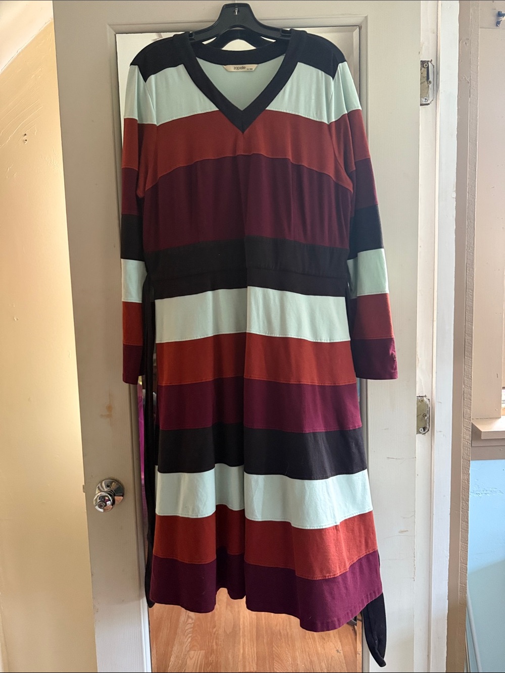 Zapelle Striped V-Neck Long Sleeve Dress in Mint, Burgundy & Rust